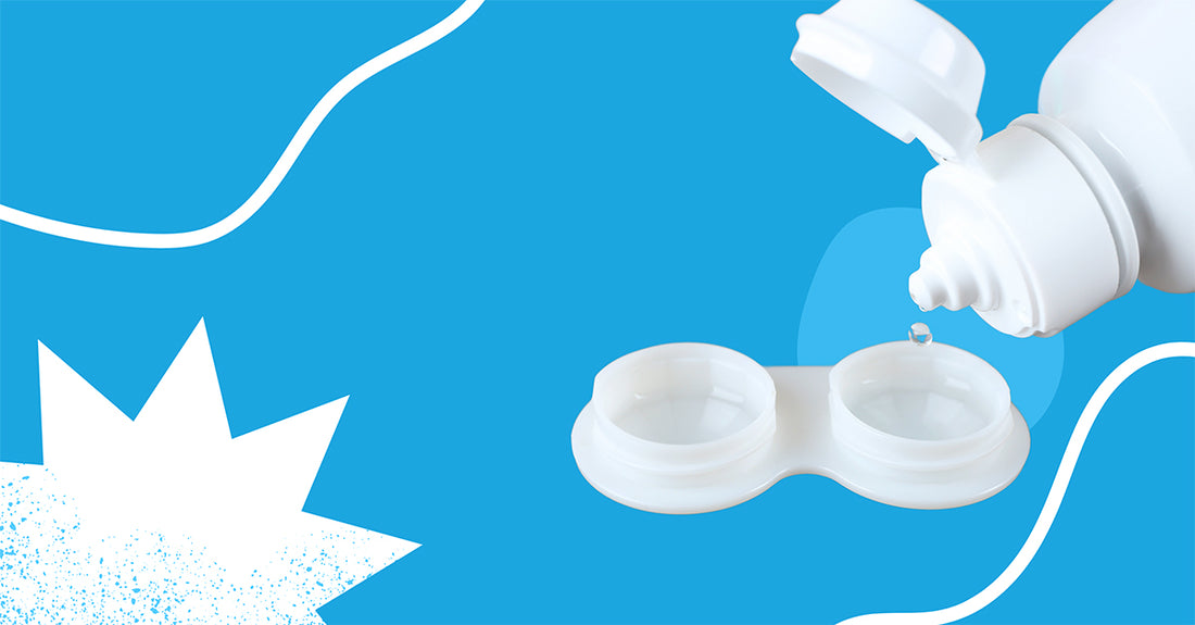 A photo of a contact lens case and filled with fresh contact lens solution
