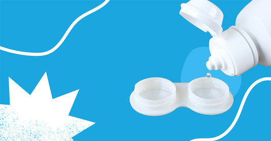 A photo of a contact lens case and filled with fresh contact lens solution